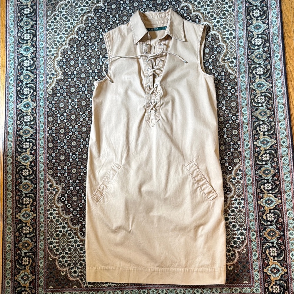 Lauren Ralph Lauren tan shift dress with lace up front. Size S